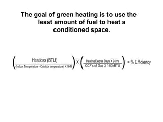 The goal of green heating is to use the
least amount of fuel to heat a
conditioned space.
 