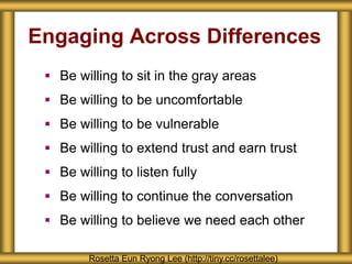 Engaging Across Differences
 Be willing to sit in the gray areas
 Be willing to be uncomfortable
 Be willing to be vulnerable
 Be willing to extend trust and earn trust
 Be willing to listen fully
 Be willing to continue the conversation
 Be willing to believe we need each other
Rosetta Eun Ryong Lee (http://tiny.cc/rosettalee)
 