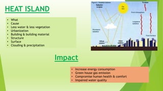 HEAT ISLAND 
• What 
• Cause 
• Less water & less vegetation 
• Urbanization 
• Building & building material 
• Structure 
• Surface 
• Clouding & precipitation 
Impact 
• Increase energy consumption 
• Green house gas emission 
• Compromise human health & comfort 
• Impaired water quality 
 