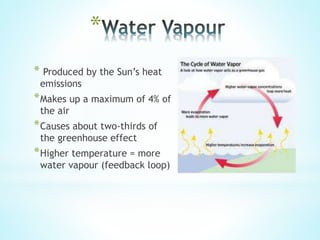 *
* Produced by the Sun’s heat
emissions
*Makes up a maximum of 4% of
the air
*Causes about two-thirds of
the greenhouse effect
*Higher temperature = more
water vapour (feedback loop)
 