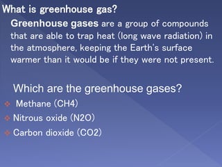 What is greenhouse gas?
Greenhouse gases are a group of compounds
that are able to trap heat (long wave radiation) in
the atmosphere, keeping the Earth's surface
warmer than it would be if they were not present.
Which are the greenhouse gases?
 Methane (CH4)
 Nitrous oxide (N2O)
 Carbon dioxide (CO2)
 