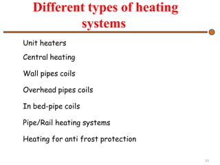 21
Unit heaters
Central heating
Wall pipes coils
Overhead pipes coils
In bed-pipe coils
Pipe/Rail heating systems
Heating for anti frost protection
Different types of heating
systems
 