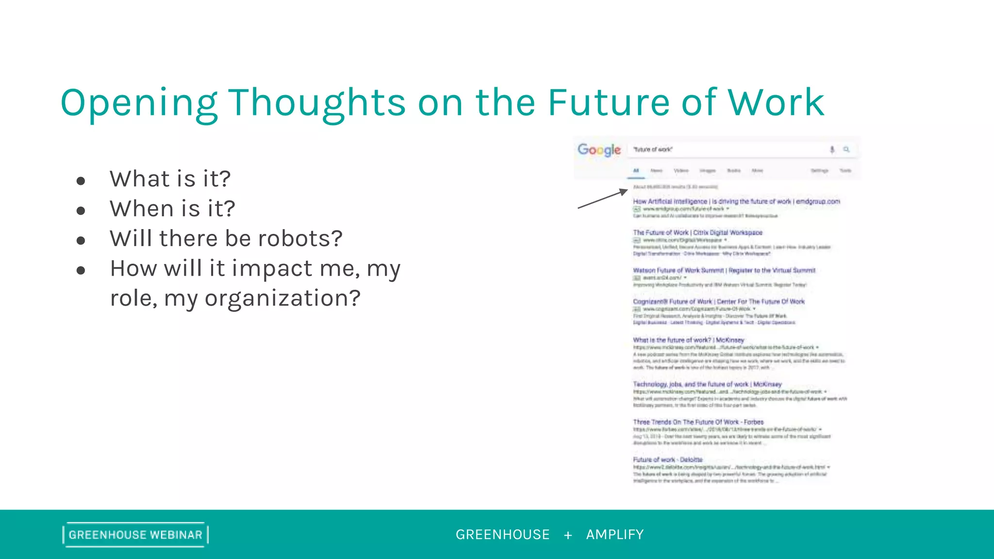 GREENHOUSE + AMPLIFY
Opening Thoughts on the Future of Work
● What is it?
● When is it?
● Will there be robots?
● How will it impact me, my
role, my organization?
 