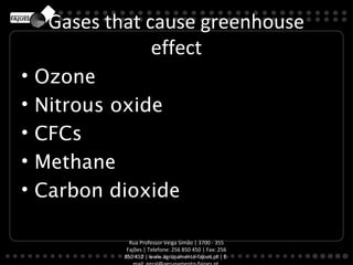 Gases that cause greenhouse
                 effect
•   Ozone
•   Nitrous oxide
•   CFCs
•   Methane
•   Carbon dioxide

               Rua Professor Veiga Simão | 3700 - 355
              Fajões | Telefone: 256 850 450 | Fax: 256
             850 452 | www.agrupamento-fajoes.pt | E-
 