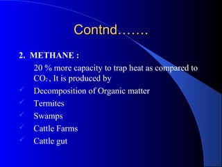 Contnd…….
2. METHANE :
    20 % more capacity to trap heat as compared to
   CO2 , It is produced by
 Decomposition of Organic matter
 Termites
 Swamps
 Cattle Farms
 Cattle gut
 