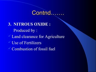 Contnd…….
3. NITROUS OXIDE :
   Produced by :
 Land clearance for Agriculture
 Use of Fertilizers
 Combustion of fossil fuel
 