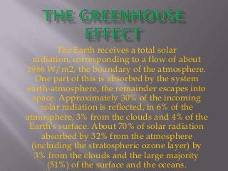 The Earth receives a total solar
  radiation, corresponding to a flow of about
1966 W/m2, the boundary of the atmosphere.
   One part of this is absorbed by the system
earth-atmosphere, the remainder escapes into
  space. Approximately 30% of the incoming
    solar radiation is reflected, in 6% of the
atmosphere, 3% from the clouds and 4% of the
 Earth's surface. About 70% of solar radiation
    absorbed by 32% from the atmosphere
 (including the stratospheric ozone layer) by
   3% from the clouds and the large majority
      (51%) of the surface and the oceans.
 