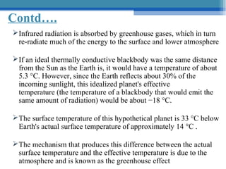 Contd….
 Infrared radiation is absorbed by greenhouse gases, which in turn 
re-radiate much of the energy to the surface and lower atmosphere
 If an ideal thermally conductive blackbody was the same distance 
from the Sun as the Earth is, it would have a temperature of about 
5.3 °C. However, since the Earth reflects about 30% of the 
incoming sunlight, this idealized planet's effective 
temperature (the temperature of a blackbody that would emit the 
same amount of radiation) would be about −18 °C. 
 The surface temperature of this hypothetical planet is 33 °C below 
Earth's actual surface temperature of approximately 14 °C .
 The mechanism that produces this difference between the actual 
surface temperature and the effective temperature is due to the 
atmosphere and is known as the greenhouse effect

 