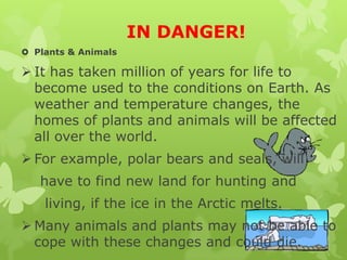 IN DANGER!
 Plants & Animals
 It has taken million of years for life to
become used to the conditions on Earth. As
weather and temperature changes, the
homes of plants and animals will be affected
all over the world.
 For example, polar bears and seals, will
have to find new land for hunting and
living, if the ice in the Arctic melts.
 Many animals and plants may not be able to
cope with these changes and could die.
 
