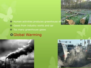  Human activities produces greenhouse effect
 Gases from industry works and car
 Too many greenhouse gases
Global Warming
 