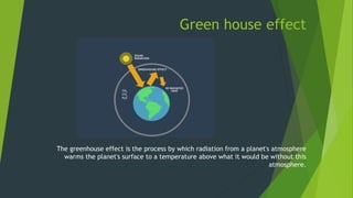 Green house effect
The greenhouse effect is the process by which radiation from a planet's atmosphere
warms the planet's surface to a temperature above what it would be without this
atmosphere.
 