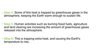 • Step 4: Some of this heat is trapped by greenhouse gases in the
atmosphere, keeping the Earth warm enough to sustain life.
• Step 5: Human activities such as burning fossil fuels, agriculture
and land clearing are increasing the amount of greenhouse gases
released into the atmosphere.
• Step 6: This is trapping extra heat, and causing the Earth's
temperature to rise.
 