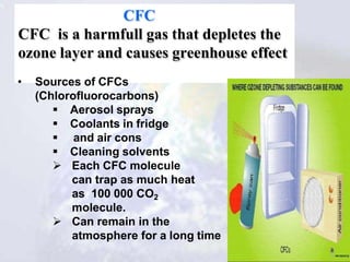 CFC
CFC is a harmfull gas that depletes the
ozone layer and causes greenhouse effect
• Sources of CFCs
(Chlorofluorocarbon...
