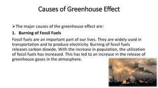 Causes of Greenhouse Effect
The major causes of the greenhouse effect are:
1. Burning of Fossil Fuels
Fossil fuels are an important part of our lives. They are widely used in
transportation and to produce electricity. Burning of fossil fuels
releases carbon dioxide. With the increase in population, the utilization
of fossil fuels has increased. This has led to an increase in the release of
greenhouse gases in the atmosphere.
 