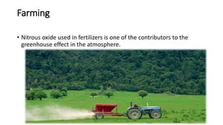 Farming
• Nitrous oxide used in fertilizers is one of the contributors to the
greenhouse effect in the atmosphere.
 
