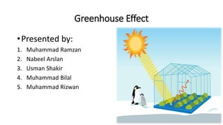Greenhouse Effect
•Presented by:
1. Muhammad Ramzan
2. Nabeel Arslan
3. Usman Shakir
4. Muhammad Bilal
5. Muhammad Rizwan
 