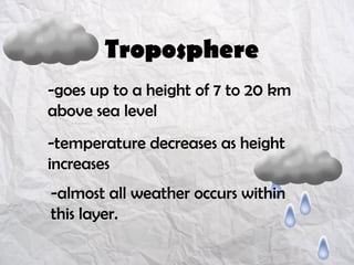 Troposphere
-temperature decreases as height
increases
-almost all weather occurs within
this layer.
-goes up to a height of 7 to 20 km
above sea level
 