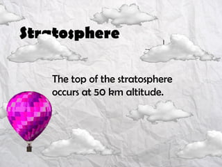 Stratosphere
The top of the stratosphere
occurs at 50 km altitude.
 