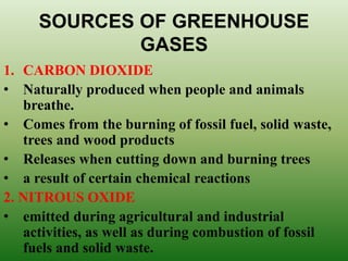 SOURCES OF GREENHOUSE
GASES
1. CARBON DIOXIDE
• Naturally produced when people and animals
breathe.
• Comes from the burning of fossil fuel, solid waste,
trees and wood products
• Releases when cutting down and burning trees
• a result of certain chemical reactions
2. NITROUS OXIDE
• emitted during agricultural and industrial
activities, as well as during combustion of fossil
fuels and solid waste.
 