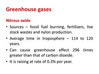 Greenhouse gases
Nitrous oxide
• Sources – fossil fuel burning, fertilizers, live
stock wastes and nylon production.
• Average time in troposphere – 114 to 120
years.
• Can cause greenhouse effect 296 times
greater than that of carbon dioxide.
• It is raising at rate of 0.3% per year.
 