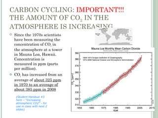 CARBON CYCLING: IMPORTANT!!!
THE AMOUNT OF CO2 IN THE
ATMOSPHERE IS INCREASING
 Since the 1970s scientists
have been measuring the
concentration of CO2 in
the atmosphere at a tower
in Mauna Loa, Hawaii.
Concentration is
measured in ppm (parts
per million).
 CO2 has increased from an
average of about 325 ppm
in 1970 to an average of
about 385 ppm in 2008
(Student Handout #3
here – “Increasing
atmospheric CO2” - for
use in class with next 2
slides)
 
