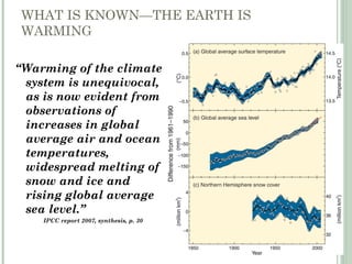 WHAT IS KNOWN—THE EARTH IS
WARMING
“Warming of the climate
system is unequivocal,
as is now evident from
observations of
increases in global
average air and ocean
temperatures,
widespread melting of
snow and ice and
rising global average
sea level.”
IPCC report 2007, synthesis, p. 30
 