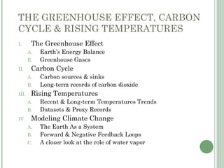 THE GREENHOUSE EFFECT, CARBON
CYCLE & RISING TEMPERATURES
I. The Greenhouse Effect
A. Earth’s Energy Balance
B. Greenhouse Gases
II. Carbon Cycle
A. Carbon sources & sinks
B. Long-term records of carbon dioxide
III. Rising Temperatures
A. Recent & Long-term Temperatures Trends
B. Datasets & Proxy Records
IV. Modeling Climate Change
A. The Earth As a System
B. Forward & Negative Feedback Loops
C. A closer look at the role of water vapor
 