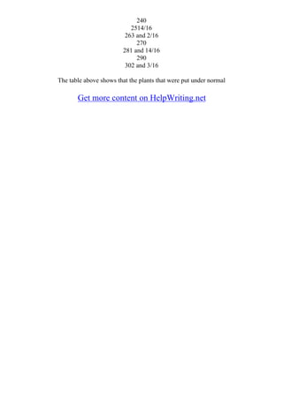 240
2514/16
263 and 2/16
270
281 and 14/16
290
302 and 3/16
The table above shows that the plants that were put under normal
Get more content on HelpWriting.net
 