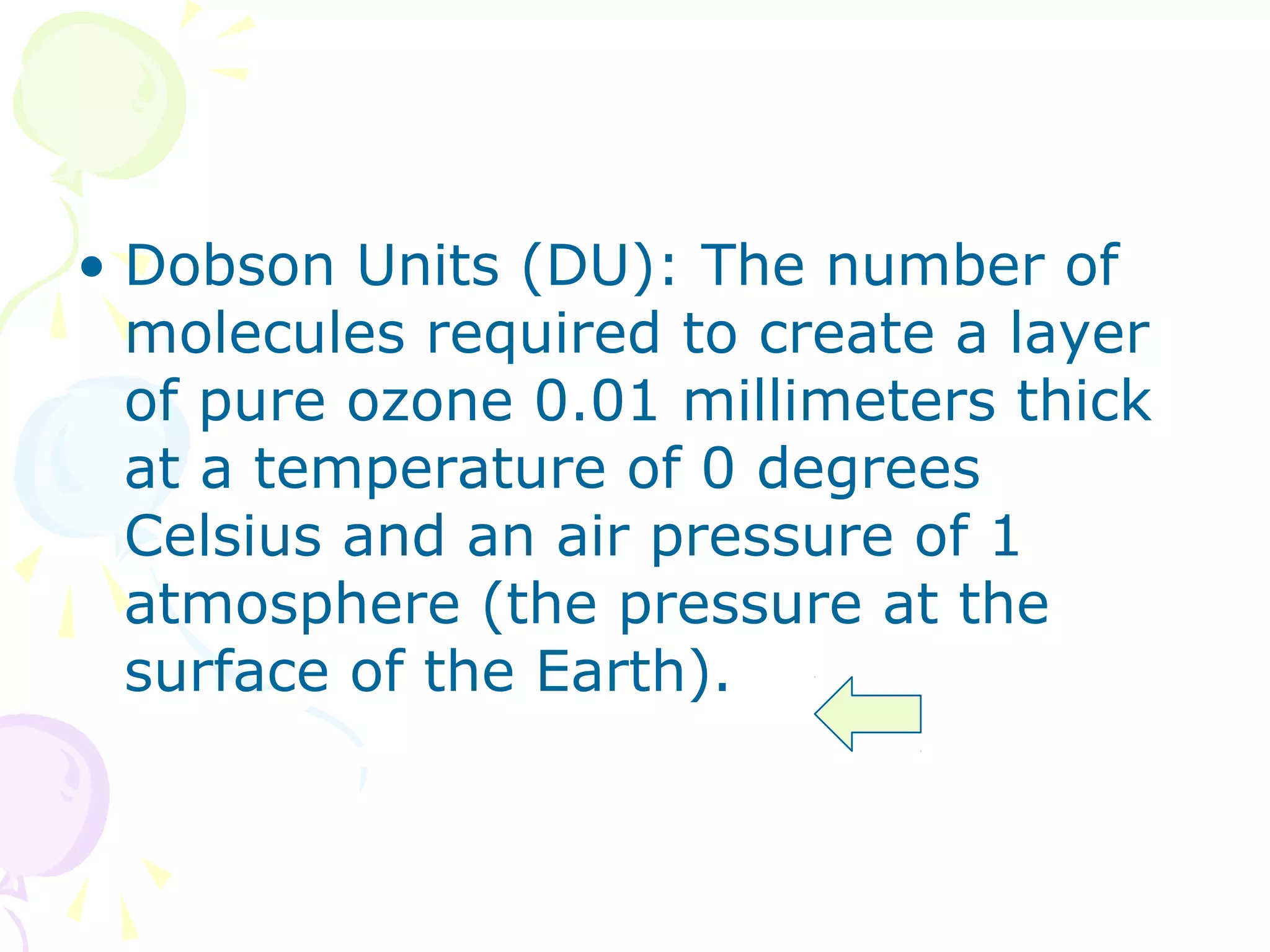 • Dobson Units (DU): The number of
molecules required to create a layer
of pure ozone 0.01 millimeters thick
at a temperature of 0 degrees
Celsius and an air pressure of 1
atmosphere (the pressure at the
surface of the Earth).

 