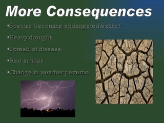 More Consequences Species becoming endangered/extinct  Heavy drought Spread of disease Rise in tides Change in weather patterns 