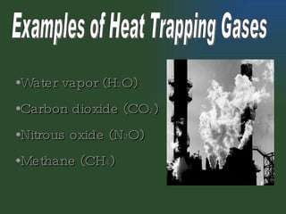 Examples of Heat Trapping Gases Water vapor (H 2 O) Carbon dioxide (CO 2 ) Nitrous oxide (N 2 O) Methane (CH 4 ) 