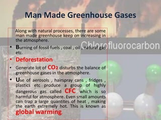 Man Made Greenhouse Gases
Along with natural processes, there are some
man made greenhouse keep on increasing in
the atmosphere.
• Burning of fossil fuels , coal , oil , natural gas
etc.
• Deforestation
• Generate lot of CO2 disturbs the balance of
greenhouse gases in the atmosphere.
• Use of aerosols , hairspray cans , fridges ,
plastics etc produce a group of highly
dangerous gas called CFC which is so
harmful for atmosphere. Even small amounts
can trap a large quantites of heat , making
the earth extremely hot. This is known as
global warming.
 