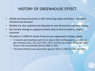 HISTORY OF GREENHOUSE EFFECT
• Global warming discussion is still continuing today and data is constantly
checked and renewed
• Models are also updated and adjusted to new discoveries and new theory
• But climate change is a global problem that is hard to solve by single
countries
• Therefore in 1998 the Kyoto Protocol was negotiated in Kyoto, Japan
– It requires participating countries to reduce their anthropogenic greenhouse
gas emissions (CO2, CH4, N2O, HFCs, PFCs, and SF6) by at least 5% below 1990
levels in the commitment period 2008 to 2012
– The Kyoto Protocol was eventually signed in Bonn in 2001 by 186 countries
 