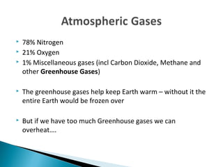  78% Nitrogen
21% Oxygen
1% Miscellaneous gases (incl Carbon Dioxide, Methane and
other Greenhouse Gases)
The greenhouse gases help keep Earth warm – without it the
entire Earth would be frozen over
But if we have too much Greenhouse gases we can
overheat….