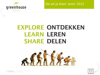 Dit wil je klant ‘anno’ 2012




  EXPLORE ONTDEKKEN
    LEARN LEREN
    SHARE DELEN



2012 by Jeroen van der Schenk
Socialbites.com
 