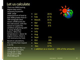 Let us calculate
There are 3600 heating
degree days and is
necessary to provide
3600 cal/gr
water(amount of heat to
boil 3600 g water from 0 -
100 centigrade )that
means 14500 joules for
the cold season, with the
reason to supply the
condition of growing with
a temp 18 degree
Celsius. When the
temperature is above 18
degree Celsius, there is
not necessary any heat.
Based on calculations,
the monthly heat request
is (in %)
Heating deegre day is a
unit to tell how many
centigrade is daily
temperature differ
tfrom18(e.g.18
 Jan 20 %
 Feb 17 %
 March 15 %
 Apr 9 %
 May 3 %
 June
 July
 Aug
 Sept 2 %
 Oct 6%
 Nov 11%
 Dec 17 %
 ( addition as a reserve - 10% of the amount)
29Artin Demiri 22.6.2015
 