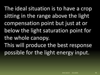 The ideal situation is to have a crop
sitting in the range above the light
compensation point but just at or
below the light saturation point for
the whole canopy.
This will produce the best response
possible for the light energy input.
42Artin Demiri 22.6.2015
 