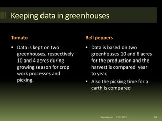 Keeping data in greenhouses
Tomato Bell peppers
 Data is kept on two
greenhouses, respectively
10 and 4 acres during
growing season for crop
work processes and
picking.
 Data is based on two
greenhouses 10 and 6 acres
for the production and the
harvest is compared year
to year.
 Also the picking time for a
carth is compared
58Artin Demiri 22.6.2015
 