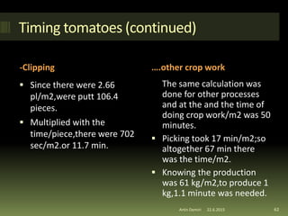 Timing tomatoes (continued)
-Clipping ….other crop work
 Since there were 2.66
pl/m2,were putt 106.4
pieces.
 Multiplied with the
time/piece,there were 702
sec/m2.or 11.7 min.
The same calculation was
done for other processes
and at the and the time of
doing crop work/m2 was 50
minutes.
 Picking took 17 min/m2;so
altogether 67 min there
was the time/m2.
 Knowing the production
was 61 kg/m2,to produce 1
kg,1.1 minute was needed.
62Artin Demiri 22.6.2015
 
