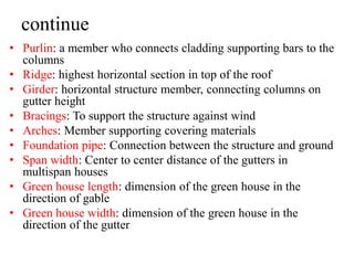 continue
• Purlin: a member who connects cladding supporting bars to the
columns
• Ridge: highest horizontal section in top of the roof
• Girder: horizontal structure member, connecting columns on
gutter height
• Bracings: To support the structure against wind
• Arches: Member supporting covering materials
• Foundation pipe: Connection between the structure and ground
• Span width: Center to center distance of the gutters in
multispan houses
• Green house length: dimension of the green house in the
direction of gable
• Green house width: dimension of the green house in the
direction of the gutter
 