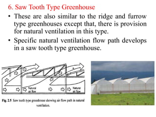 6. Saw Tooth Type Greenhouse
• These are also similar to the ridge and furrow
type greenhouses except that, there is provision
for natural ventilation in this type.
• Specific natural ventilation flow path develops
in a saw tooth type greenhouse.
 