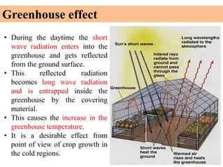 Greenhouse effect
• During the daytime the short
wave radiation enters into the
greenhouse and gets reflected
from the ground surface.
• This reflected radiation
becomes long wave radiation
and is entrapped inside the
greenhouse by the covering
material.
• This causes the increase in the
greenhouse temperature.
• It is a desirable effect from
point of view of crop growth in
the cold regions.
 
