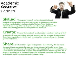 Academic
Creative
Coders
Skilled: Through our research we have decided to target
academic creative coders, but it is first important to understand who these
people are and what they are interested in. We have found that these
individuals are young skilled coders who are extremely excited about the
future while oblong provides the next generation interfaces.
Create: It is clear that academic creative coders are always looking for their
next project. They enjoy working with new products and like to create for themselves.
Greenhouse equips them with the tools necessary to create something new through
genuine inspiration.
Share:Creative coders enjoys having a sense of community, this is a crucial
component to our campaign. Our goal is create a Community Website where these
individuals can share their creations giving them the opportunity to showcase their work.
This also helps build a network of coders who are interested in the next big idea. This is
who our creative coder is; a young skilled coder interested in creating something new
while sharing it with a strong community of coders alike.
 