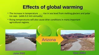 Effects of global warmingEffects of global warming
• The increase in temperature …… rise in sea level from melting glaciers and polar
ice caps (adds 0.2 mm annually)
• Rising temperatures will also cause drier conditions in many important
agricultural regions.
Dec 2003June 2002
Arizona
 