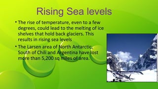 Rising Sea levels
• The rise of temperature, even to a few
degrees, could lead to the melting of ice
shelves that hold back glaciers. This
results in rising sea levels
• The Larsen area of North Antarctic,
South of Chili and Argentina have lost
more than 5,200 sq miles of area.
 