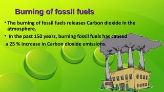 Burning of fossil fuelsBurning of fossil fuels
• The burning of fossil fuels releases Carbon dioxide in the
atmosphere.
• In the past 150 years, burning fossil fuels has caused
a 25 % increase in Carbon dioxide emissions.
 