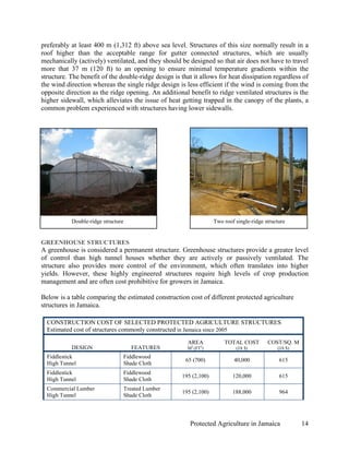 preferably at least 400 m (1,312 ft) above sea level. Structures of this size normally result in a
roof higher than the acceptable range for gutter connected structures, which are usually
mechanically (actively) ventilated, and they should be designed so that air does not have to travel
more that 37 m (120 ft) to an opening to ensure minimal temperature gradients within the
structure. The benefit of the double-ridge design is that it allows for heat dissipation regardless of
the wind direction whereas the single ridge design is less efficient if the wind is coming from the
opposite direction as the ridge opening. An additional benefit to ridge ventilated structures is the
higher sidewall, which alleviates the issue of heat getting trapped in the canopy of the plants, a
common problem experienced with structures having lower sidewalls.




           Double-ridge structure                                  Two roof single-ridge structure


GREENHOUSE STRUCTURES
A greenhouse is considered a permanent structure. Greenhouse structures provide a greater level
of control than high tunnel houses whether they are actively or passively ventilated. The
structure also provides more control of the environment, which often translates into higher
yields. However, these highly engineered structures require high levels of crop production
management and are often cost prohibitive for growers in Jamaica.

Below is a table comparing the estimated construction cost of different protected agriculture
structures in Jamaica.

  CONSTRUCTION COST OF SELECTED PROTECTED AGRICULTURE STRUCTURES
  Estimated cost of structures commonly constructed in Jamaica since 2005
                                                       AREA            TOTAL COST         COST/SQ. M
           DESIGN                      FEATURES        M2 (FT2)             (JA $)            (JA $)
  Fiddlestick                       Fiddlewood
                                                       65 (700)            40,000              615
  High Tunnel                       Shade Cloth
  Fiddlestick                       Fiddlewood
                                                     195 (2,100)           120,000             615
  High Tunnel                       Shade Cloth
  Commercial Lumber                 Treated Lumber
                                                     195 (2,100)           188,000             964
  High Tunnel                       Shade Cloth




                                                        Protected Agriculture in Jamaica               14
 