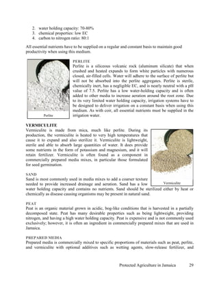 2. water holding capacity: 70-80%
   3. chemical properties: low EC
   4. carbon to nitrogen ratio: 80:1

All essential nutrients have to be supplied on a regular and constant basis to maintain good
productivity when using this medium.

                           PERLITE
                           Perlite is a siliceous volcanic rock (aluminum silicate) that when
                           crushed and heated expands to form white particles with numerous
                           closed, air-filled cells. Water will adhere to the surface of perlite but
                           will not be absorbed into the perlite aggregates. Perlite is sterile,
                           chemically inert, has a negligible EC, and is nearly neutral with a pH
                           value of 7.5. Perlite has a low water-holding capacity and is often
                           added to other media to increase aeration around the root zone. Due
                           to its very limited water holding capacity, irrigation systems have to
                           be designed to deliver irrigation on a constant basis when using this
                           medium. As with coir, all essential nutrients must be supplied in the
          Perlite          irrigation water.

VERMICULITE
Vermiculite is made from mica, much like perlite. During its
production, the vermiculite is heated to very high temperatures that
cause it to expand and also sterilize it. Vermiculite is lightweight,
sterile and able to absorb large quantities of water. It does provide
some nutrients in the form of potassium and magnesium, and it will
retain fertilizer. Vermiculite is often found as a component in
commercially prepared media mixes, in particular those formulated
for seed germination.

SAND
Sand is most commonly used in media mixes to add a coarser texture
needed to provide increased drainage and aeration. Sand has a low           Vermiculite
water holding capacity and contains no nutrients. Sand should be sterilized either by heat or
chemically as disease causing organisms may be present in natural sand.

PEAT
Peat is an organic material grown in acidic, bog-like conditions that is harvested in a partially
decomposed state. Peat has many desirable properties such as being lightweight, providing
nitrogen, and having a high water holding capacity. Peat is expensive and is not commonly used
exclusively; however, it is often an ingredient in commercially prepared mixes that are used in
Jamaica.

PREPARED MEDIA
Prepared media is commercially mixed to specific proportions of materials such as peat, perlite,
and vermiculite with optional additives such as wetting agents, slow-release fertilizer, and



                                                       Protected Agriculture in Jamaica          29
 