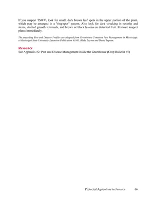 If you suspect TSWV, look for small, dark brown leaf spots in the upper portion of the plant,
which may be arranged in a "ring-spot" pattern. Also look for dark streaking in petioles and
stems, stunted growth terminals, and brown or black lesions on distorted fruit. Remove suspect
plants immediately.

The preceding Pest and Disease Profiles are adapted from Greenhouse Tomatoes Pest Management in Mississippi,
a Mississippi State University Extension Publication #1861, Blake Layton and David Ingram.


Resource
See Appendix #2: Pest and Disease Management inside the Greenhouse (Crop Bulletin #5)




                                                            Protected Agriculture in Jamaica             66
 