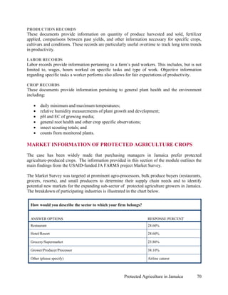 PRODUCTION RECORDS
These documents provide information on quantity of produce harvested and sold, fertilizer
applied, comparisons between past yields, and other information necessary for specific crops,
cultivars and conditions. These records are particularly useful overtime to track long term trends
in productivity.

LABOR RECORDS
Labor records provide information pertaining to a farm’s paid workers. This includes, but is not
limited to, wages, hours worked on specific tasks and type of work. Objective information
regarding specific tasks a worker performs also allows for fair expectations of productivity.

CROP RECORDS
These documents provide information pertaining to general plant health and the environment
including:

   •    daily minimum and maximum temperatures;
   •    relative humidity measurements of plant growth and development;
   •    pH and EC of growing media;
   •    general root health and other crop specific observations;
   •    insect scouting totals; and
   •    counts from monitored plants.

MARKET INFORMATION OF PROTECTED AGRICULTURE CROPS
The case has been widely made that purchasing managers in Jamaica prefer protected
agriculture-produced crops. The information provided in this section of the module outlines the
main findings from the USAID-funded JA FARMS project Market Survey.

The Market Survey was targeted at prominent agro-processors, bulk produce buyers (restaurants,
grocers, resorts), and small producers to determine their supply chain needs and to identify
potential new markets for the expanding sub-sector of protected agriculture growers in Jamaica.
The breakdown of participating industries is illustrated in the chart below.


  How would you describe the sector to which your firm belongs?


  ANSWER OPTIONS                                                   RESPONSE PERCENT
  Restaurant                                                       28.60%

  Hotel/Resort                                                     28.60%

  Grocery/Supermarket                                              23.80%

  Grower/Producer/Processor                                        38.10%

  Other (please specify)                                           Airline caterer



                                                      Protected Agriculture in Jamaica         70
 